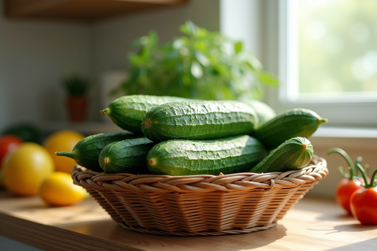Concombres frais dans un panier en bois sur une cuisine lumineuse