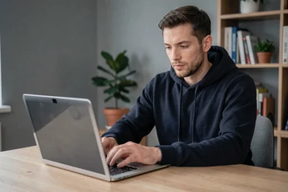 Homme utilisant un filtre de confidentialité sur son écran d'ordinateur portable pour protéger sa vie privée en ligne