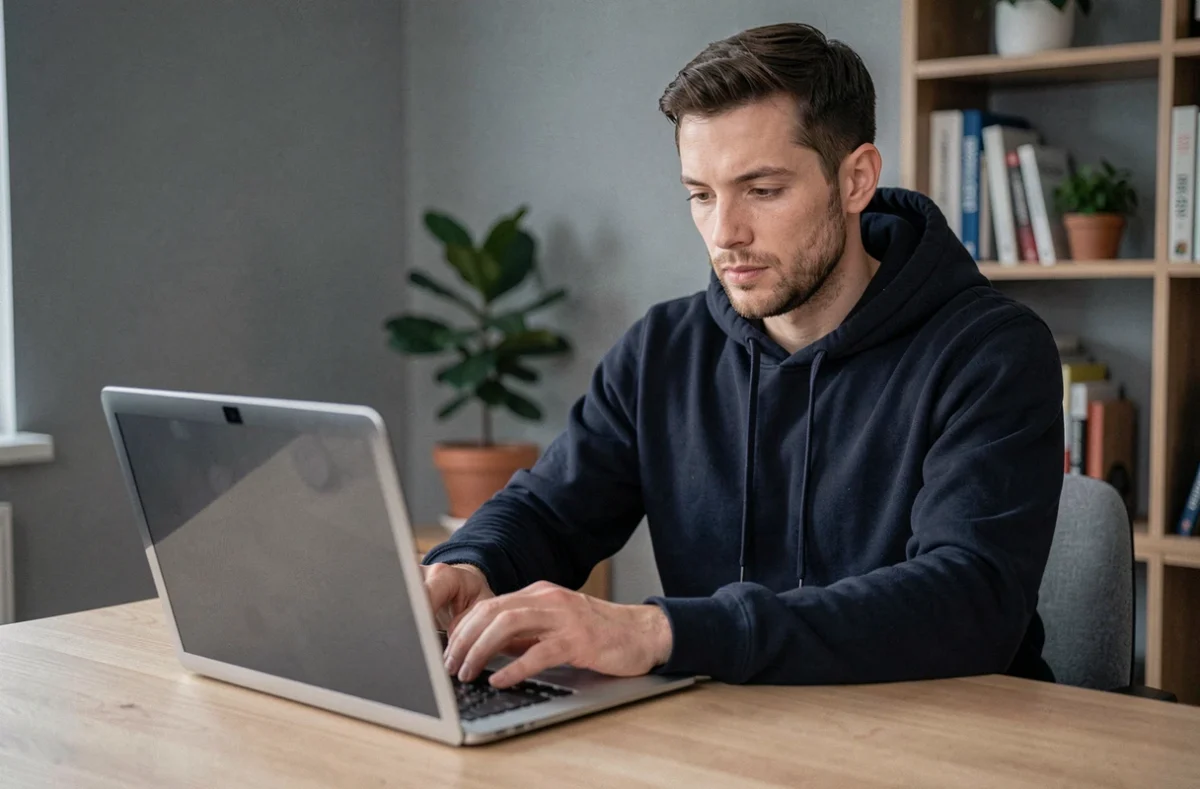 Homme utilisant un filtre de confidentialité sur son écran d'ordinateur portable pour protéger sa vie privée en ligne