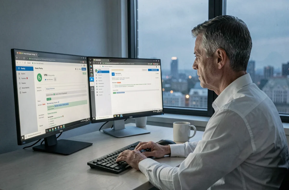Utilisateur configurant un VPN et des extensions de confidentialité sur un ordinateur de bureau pour protéger ses données personnelles