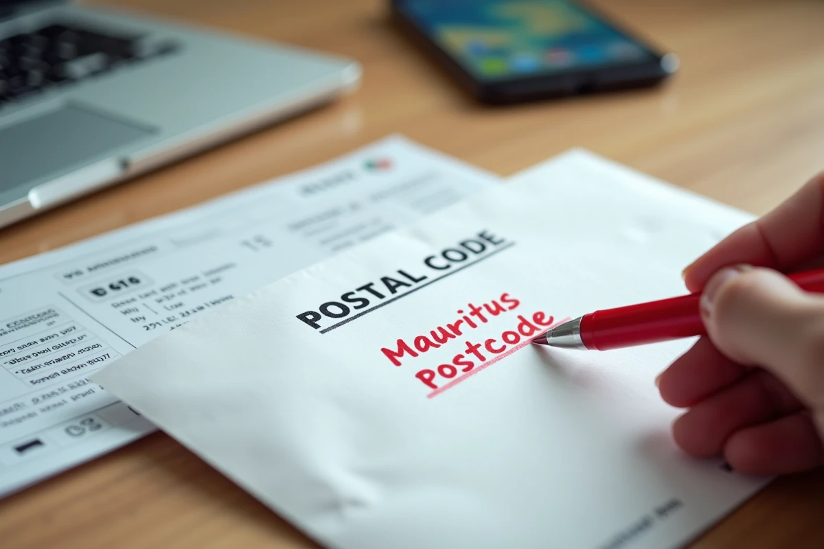 Correction d'un code postal mauritien incorrect sur une enveloppe avec un stylo rouge et une fiche de référence
