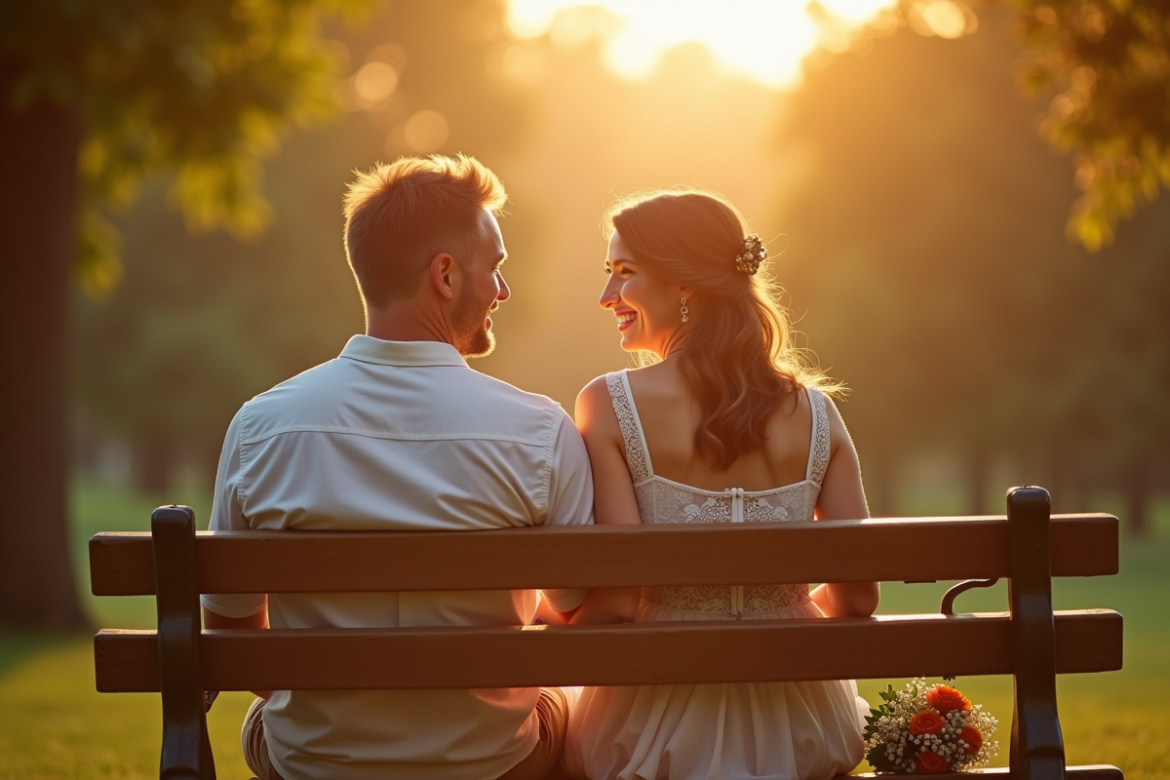 Couple heureux sur un banc de parc lors d'un anniversaire de mariage