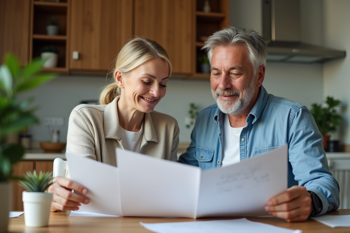 Couple regardant des annonces immobilières à la cuisine