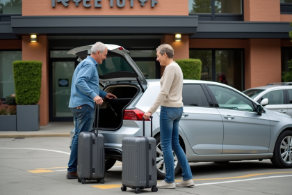 Couple déchargeant bagages devant hôtel moderne en ville