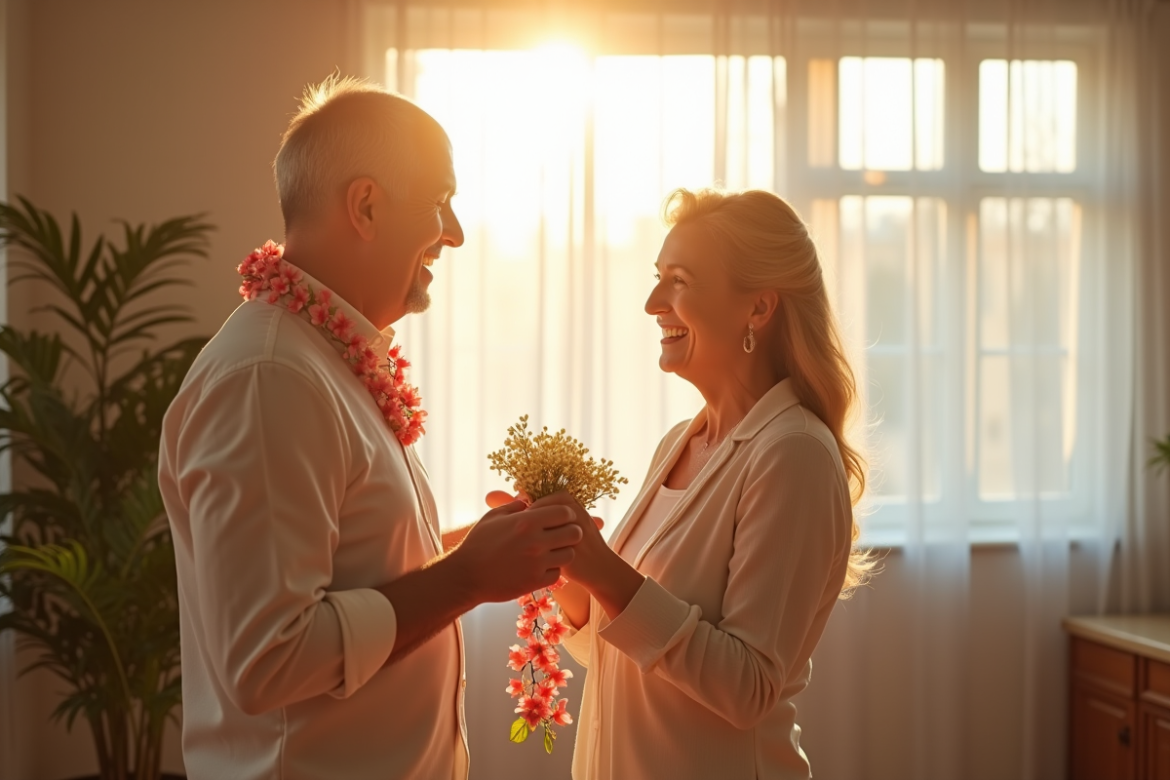 Couple mature échangeant des fleurs dans un salon lumineux