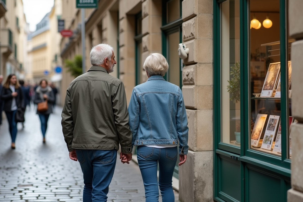 Couple regardant annonces immobilières devant agence