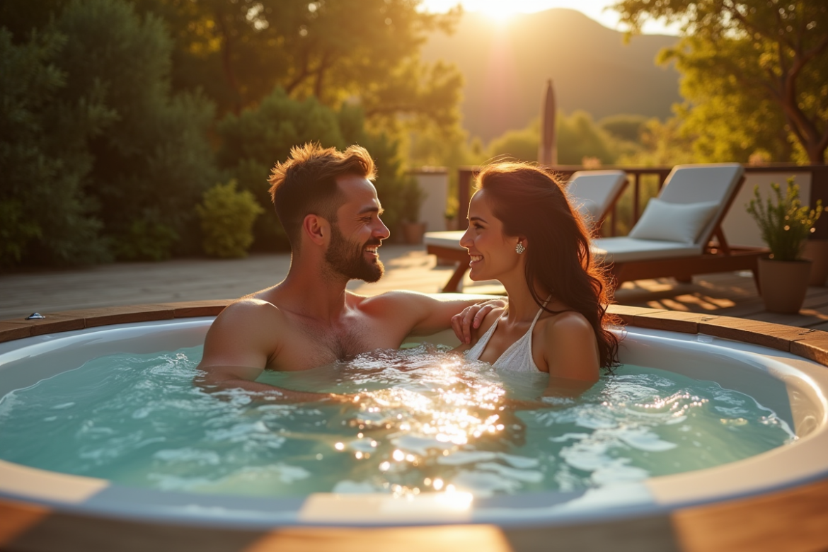 Couple romantique dans un jacuzzi extérieur ensoleille sur terrasse