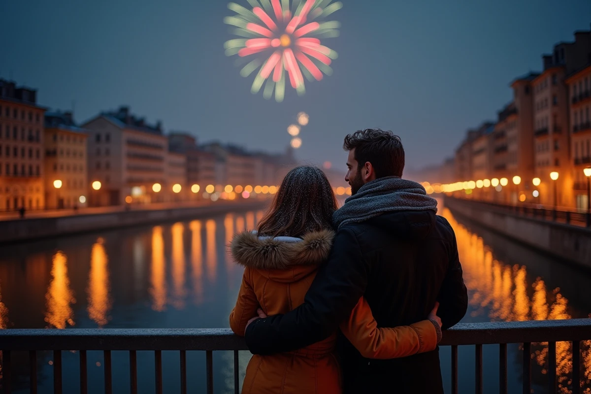 Couple romantique sur la passerelle du Palais de Justice à Lyon lors du réveillon du Nouvel An avec vue sur le Vieux-Lyon et les feux d'artifice