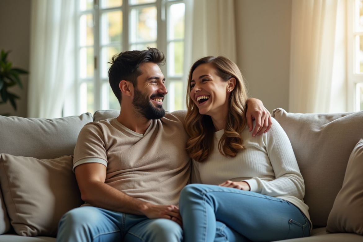 Couple souriant assis sur un canapé lumineux dans un salon