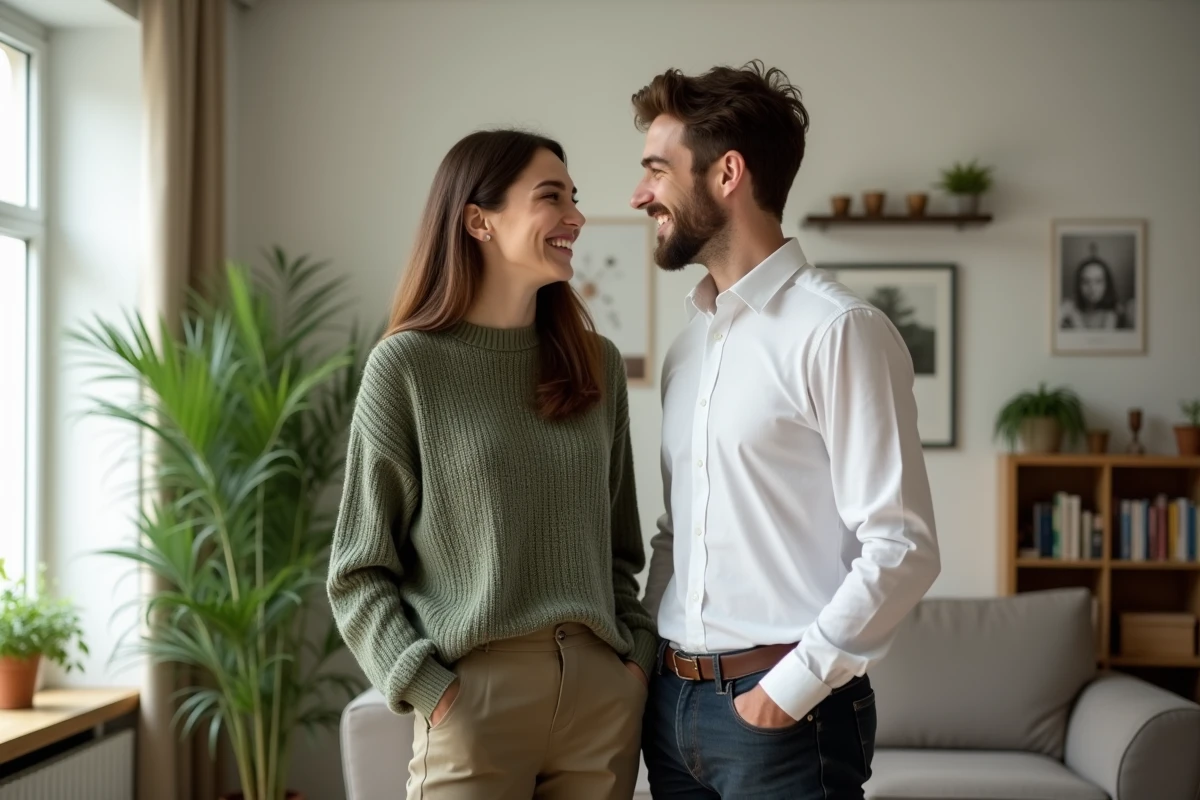 Couple riant dans un salon lumineux et chaleureux