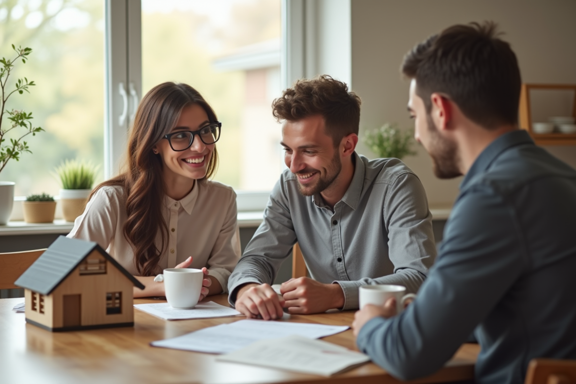Jeune couple souriant examinant des documents immobiliers