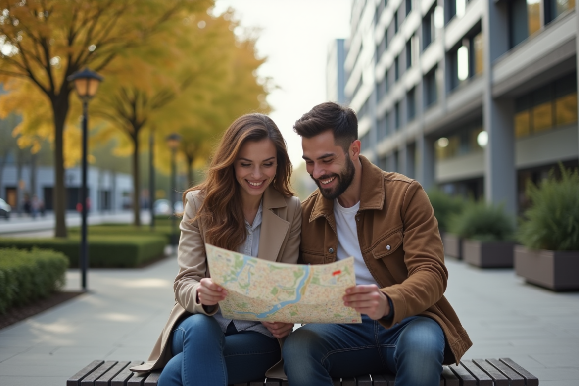 Jeune couple souriant avec plan urbain dans un parc