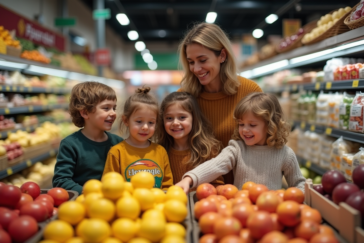 Mère et enfants faisant des courses dans un supermarché