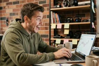 Jeune homme enthousiaste devant son ordinateur regardant une courbe virale sur les réseaux sociaux