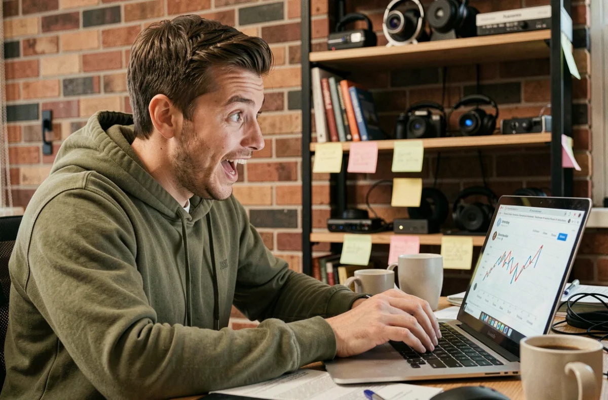Jeune homme enthousiaste devant son ordinateur regardant une courbe virale sur les réseaux sociaux