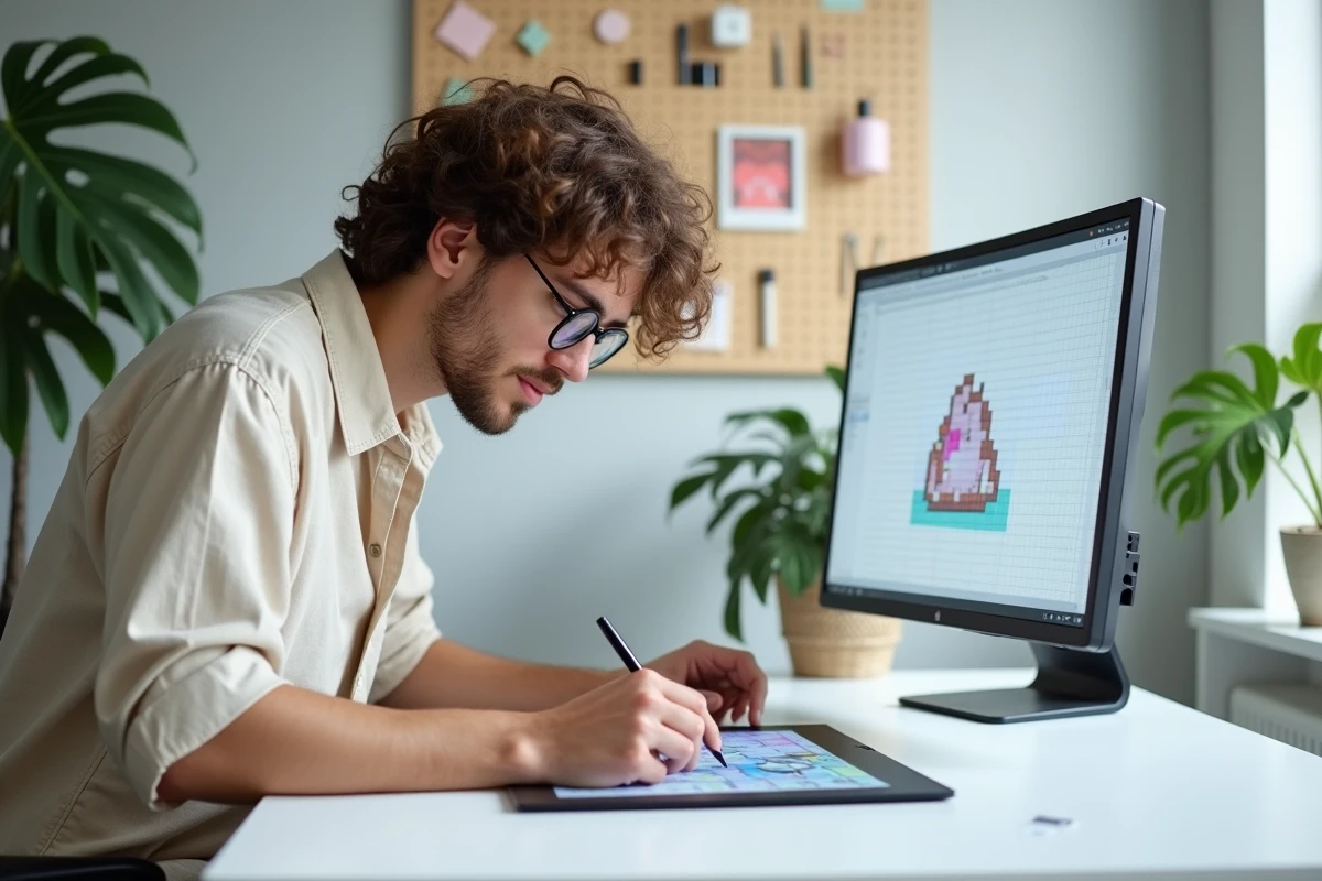 Homme adulte créant des personnages pixel art kawaii sur tablette graphique dans un bureau minimaliste