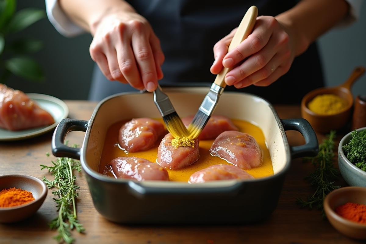 Cuisinier badigeonnant le lapin avec de la moutarde dans un plat