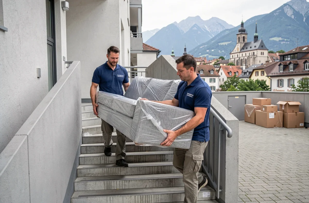 Deux déménageurs Demenagements Chambery Services portant un canapé dans l'escalier extérieur d'un immeuble moderne avec les toits et montagnes de Chambéry en arrière-plan