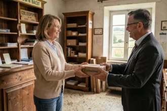Femme déposant un colis Colissimo au comptoir d'un bureau de poste rural en France