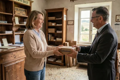Femme déposant un colis Colissimo au comptoir d'un bureau de poste rural en France
