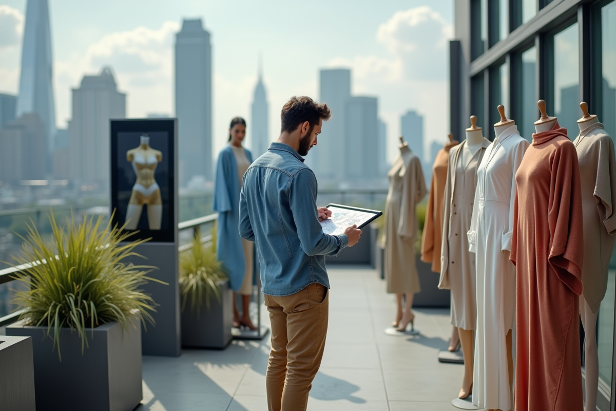 Designer de mode dessinant sur une tablette dans un studio urbain