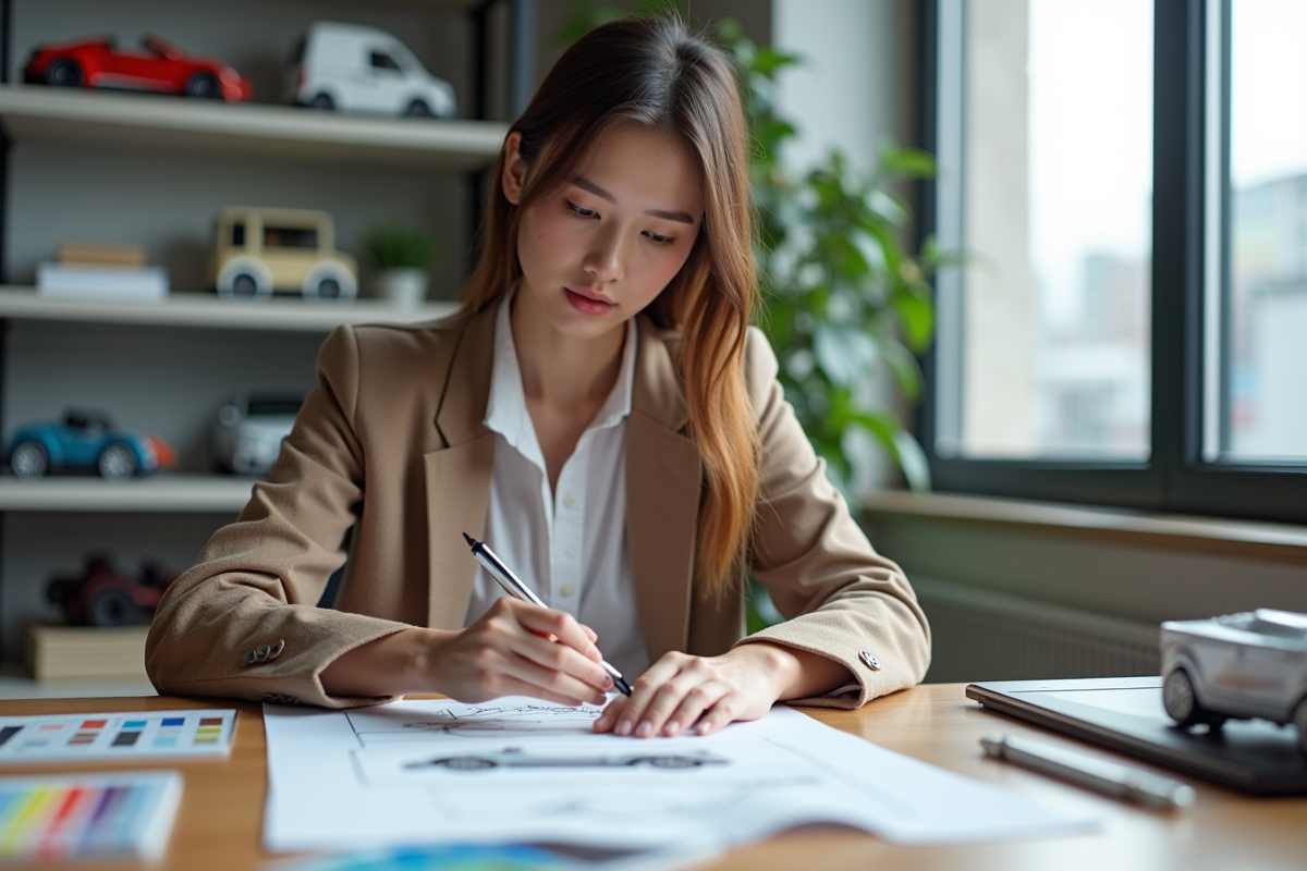 Jeune femme designer automobile dans un studio créatif avec maquettes