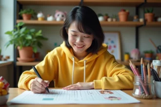 Jeune femme dessinant des personnages kawaii en pixel art sur du papier quadrillé à son bureau créatif