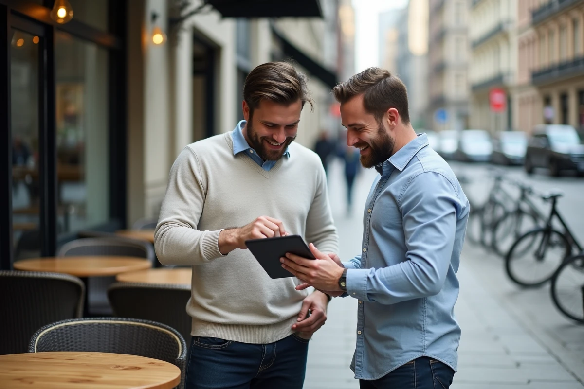Deux hommes discutant avec un tablet dans un café en ville