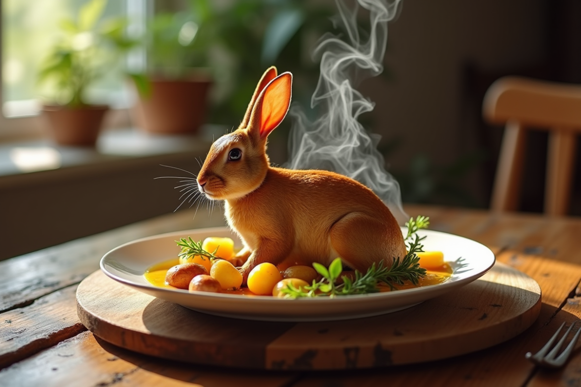 Plat de lapin au four avec sauce moutarde et pommes de terre