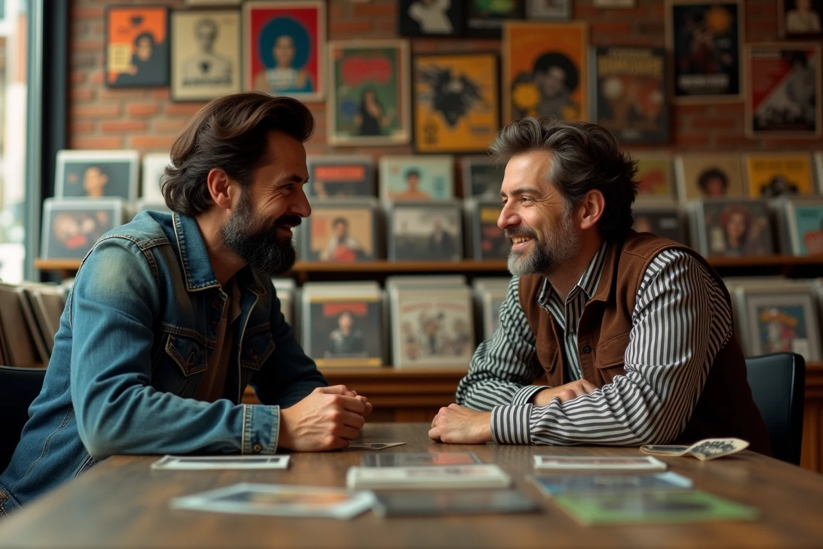 Deux hommes en vêtements vintage discutant de musique dans un magasin de disques rempli de vinyles des années 70