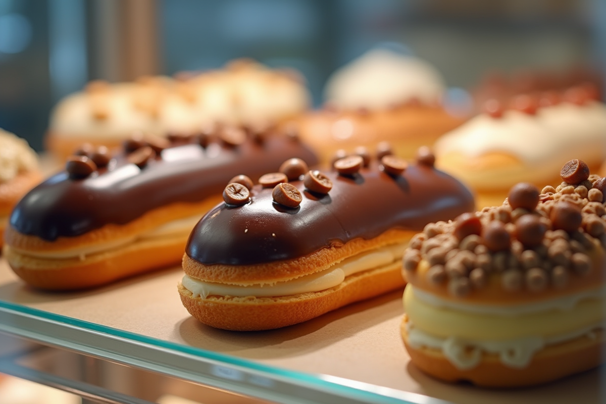 Éclair chocolat moderne avec toppings créatifs en vitrine