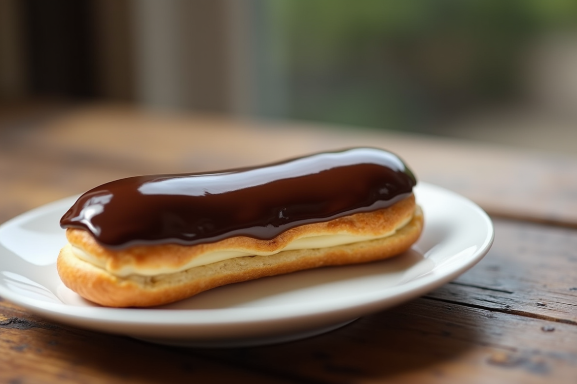 Éclair chocolat traditionnel sur assiette en céramique