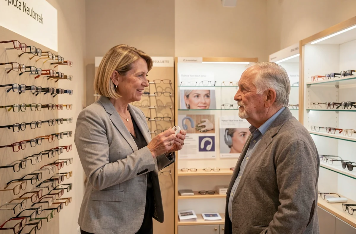 Boutique Écouter Voir Optique à Reims Neuvillette proposant des services d'optique et d'audiologie avec une spécialiste conseillant un client senior