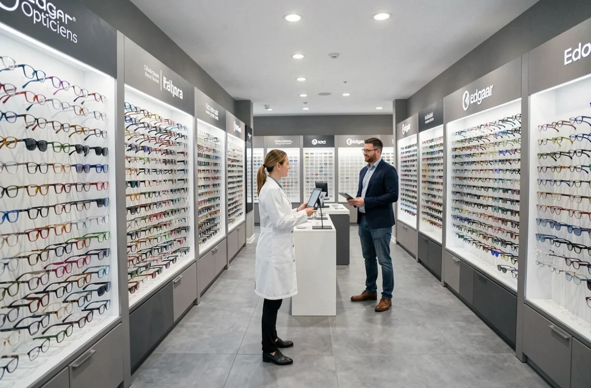 Grande boutique multimarques Edgard Opticiens à Reims avec de nombreuses montures exposées et une opticienne guidant un client