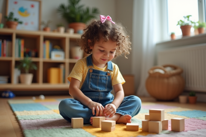 Petite fille curieuse joue avec des blocs en bois dans un salon