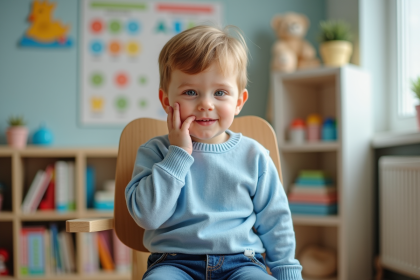 Enfant assis dans une salle d'attente pédiatrique chaleureuse