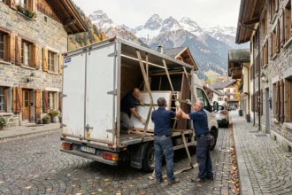 Équipe de déménagement professionnelle chargeant un camion dans une ville alpine de Savoie avec des sommets enneigés en arrière-plan