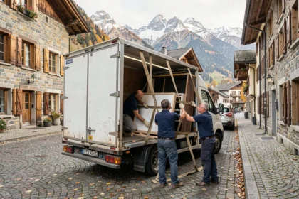 Équipe de déménagement professionnelle chargeant un camion dans une ville alpine de Savoie avec des sommets enneigés en arrière-plan
