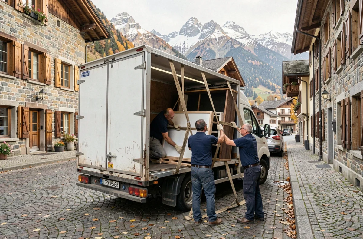 Équipe de déménagement professionnelle chargeant un camion dans une ville alpine de Savoie avec des sommets enneigés en arrière-plan