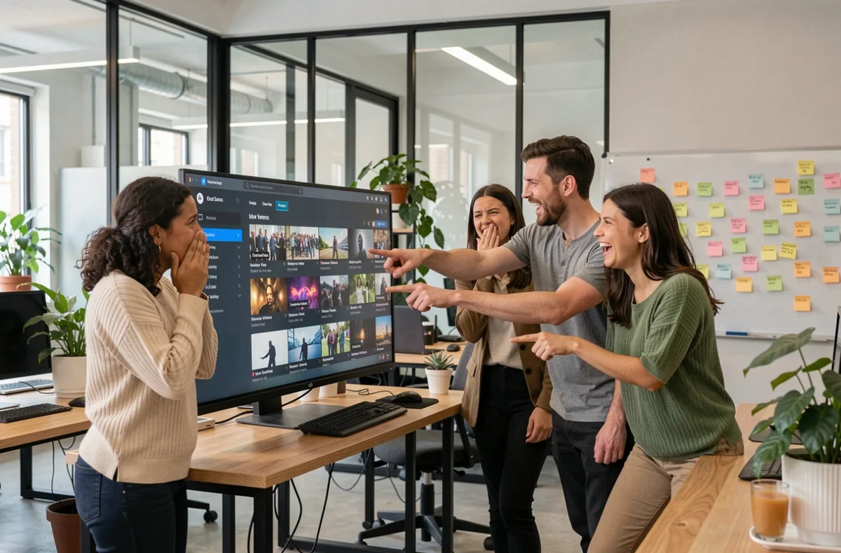 Équipe de professionnels réagissant à un phénomène viral sur internet dans un bureau moderne