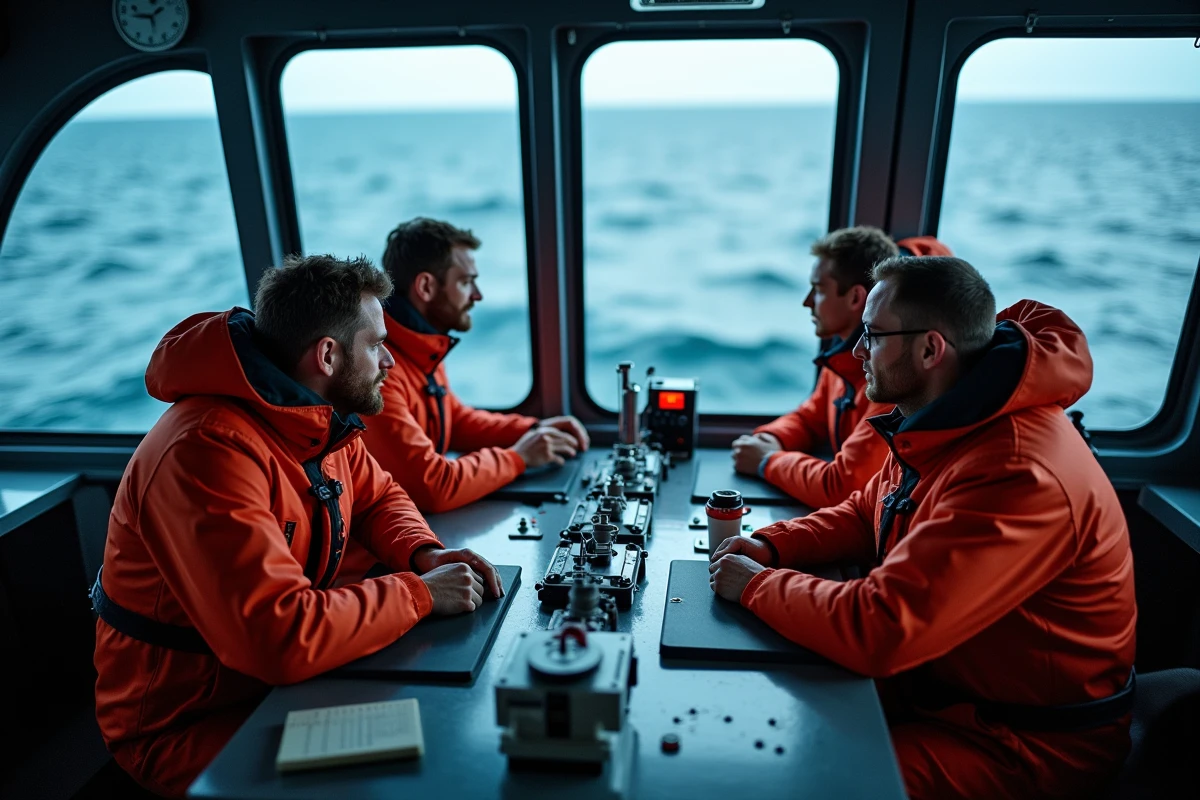 Équipe de scientifiques marins autour d'un panneau de contrôle