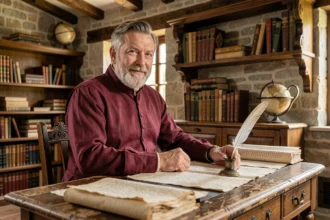 Érudit de la Renaissance assis à un bureau en chêne couvert de manuscrits anciens et d'une plume, dans un cabinet de travail aux murs en pierre