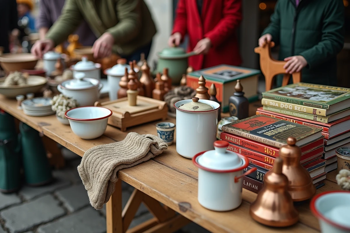 Étal de braderie en Savoie avec objets vintage, jouets en bois et accessoires de montagne