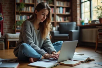 Étudiante révisant avec une encyclopédie collaborative en ligne sur son ordinateur portable, entourée de notes de cours sur le sol