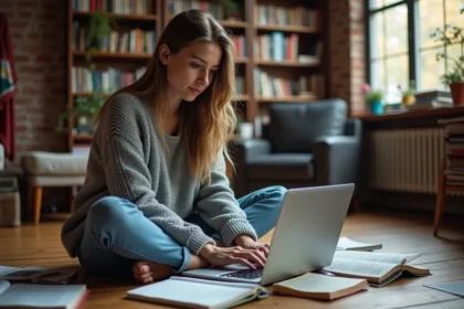 Étudiante révisant avec une encyclopédie collaborative en ligne sur son ordinateur portable, entourée de notes de cours sur le sol