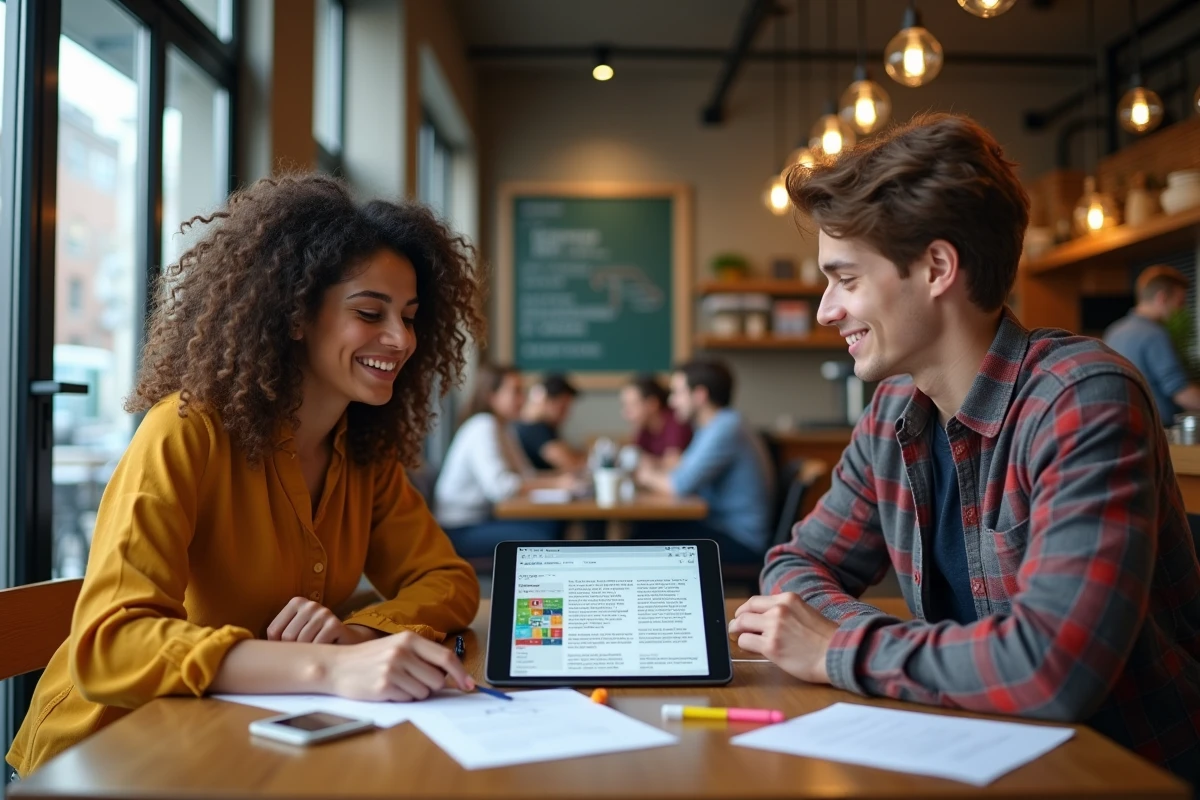 Deux étudiants révisant ensemble dans un café en consultant une encyclopédie collaborative sur une tablette numérique
