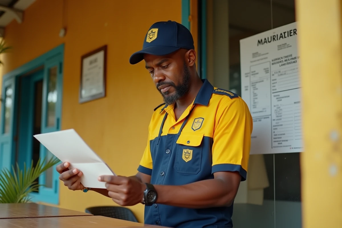 Facteur mauricien examinant une lettre mal adressée devant un bureau de poste à l'Île Maurice