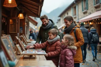 Famille avec enfants visitant une braderie en plein air dans un village de Savoie en automne