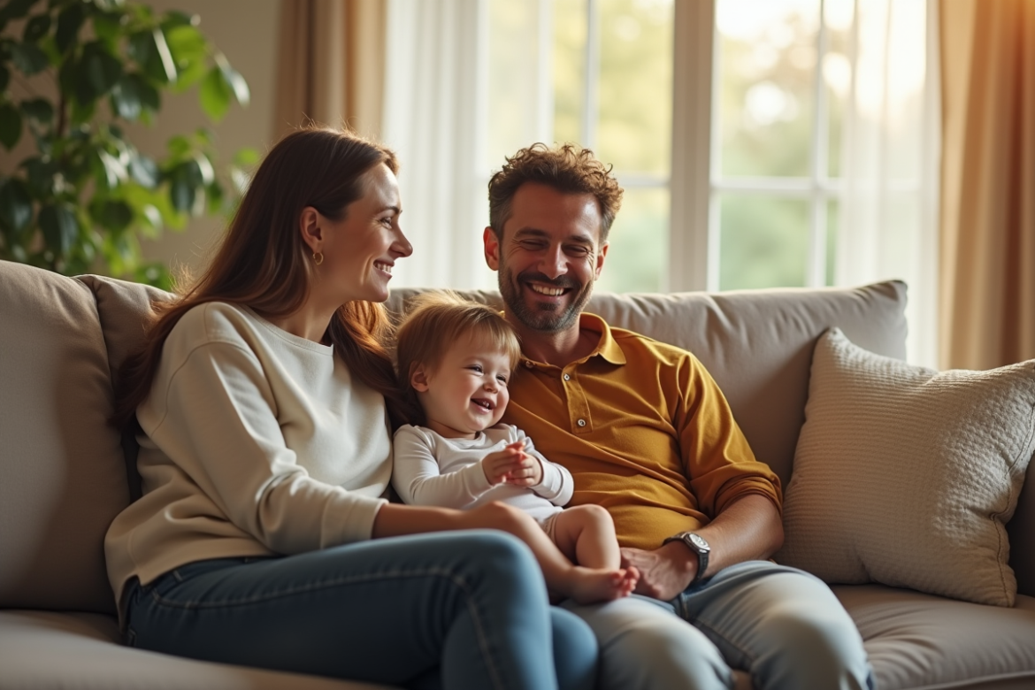 Famille heureuse dans un salon lumineux et moderne