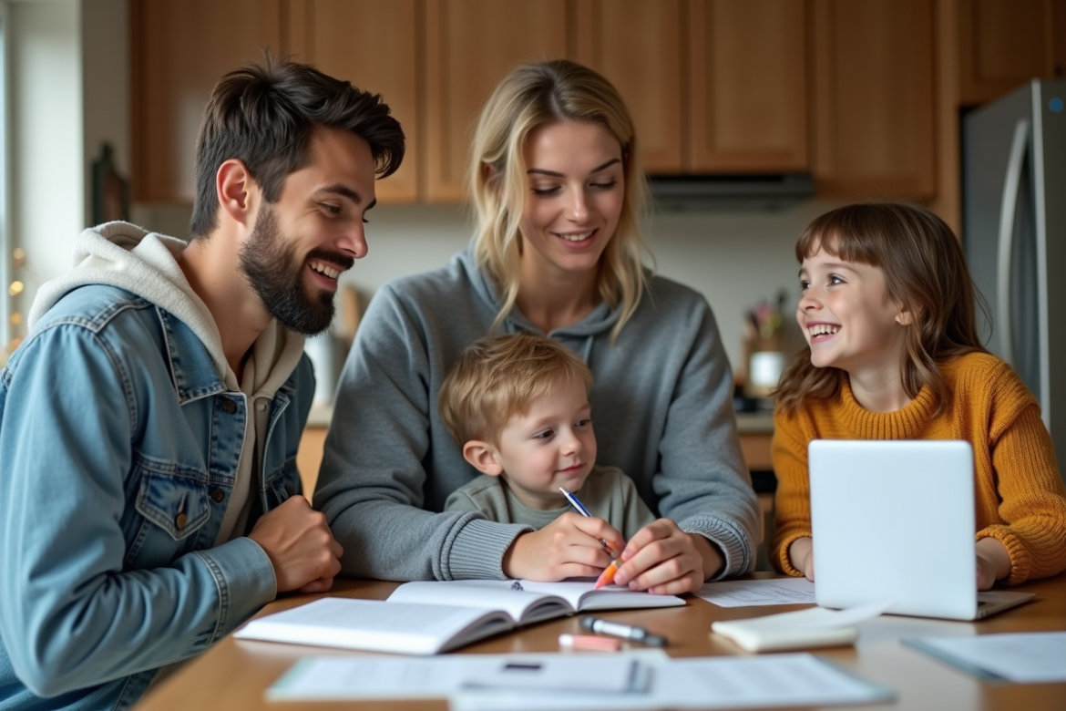 Famille avec enfants autour d'une table de cuisine en intérieur